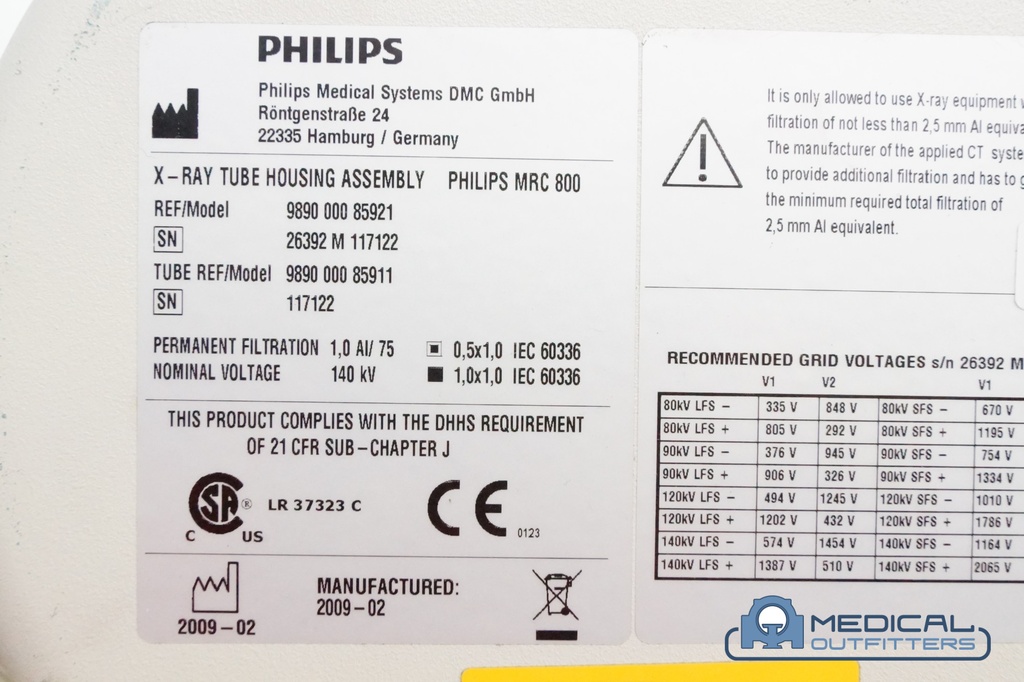 Philips Brilliance 40 Slice MRC800 X-Ray Tube, DOM:2009-02, Model 989000085921, TUBE 989000085911