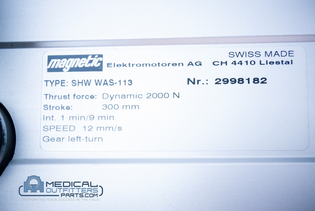 Picker MRI 1.0T Polaris Lifter Table Gear Left Turn. Trust Force Dynamic 2000N, Stroke 300mm, Int. 1min/9min, Speed: 12mm/s, PN SHW WAS-113