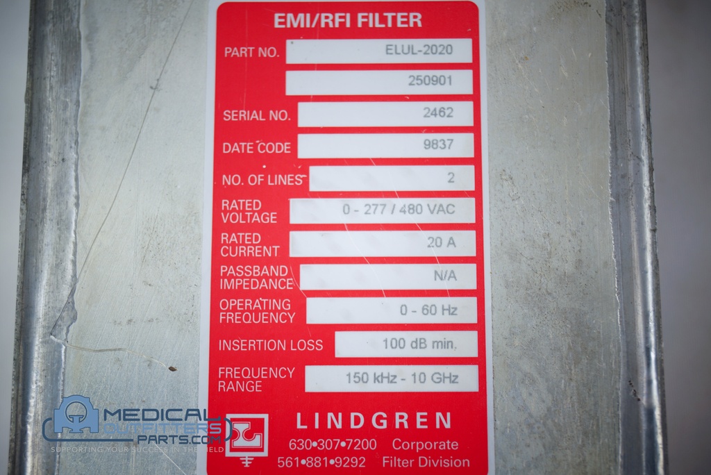 OEC 9000 C-ARM Lindgren EMI/RFI Filter. 0-277/460Vac, 20A, 150 kHz - 10 GHz, PN ELUL-2020