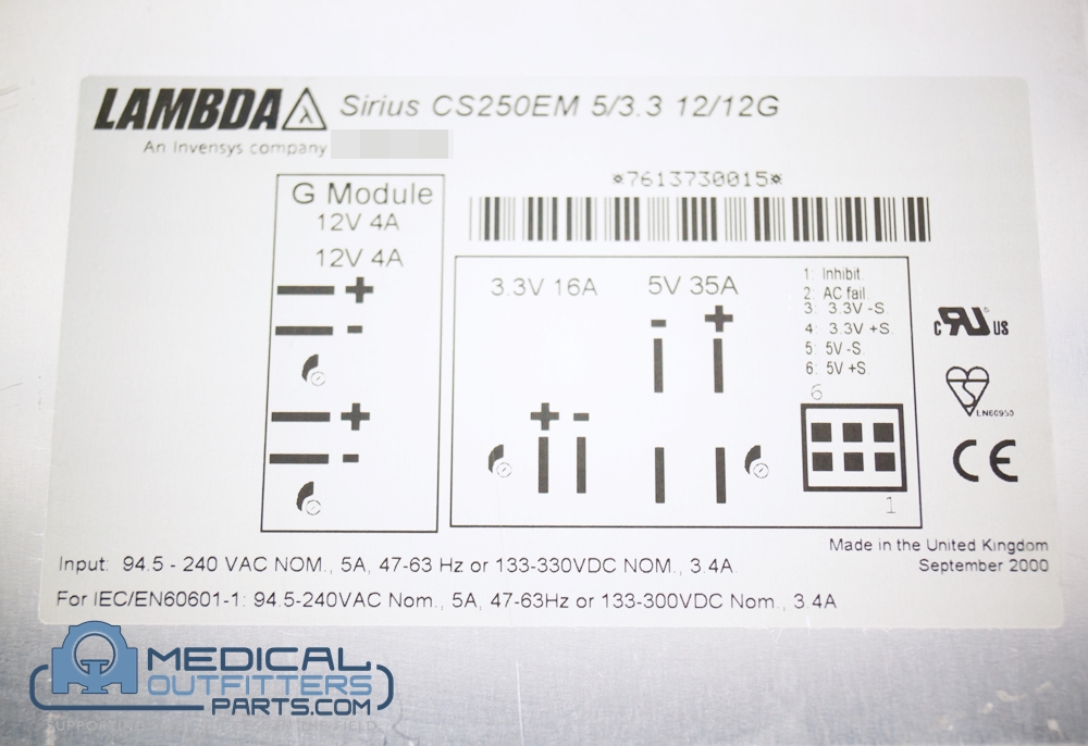 Siemens MRI Symphony/Harmony AC-DC CS250, 85-265V, 5/3.3 12/12, PN 3077054, H29009