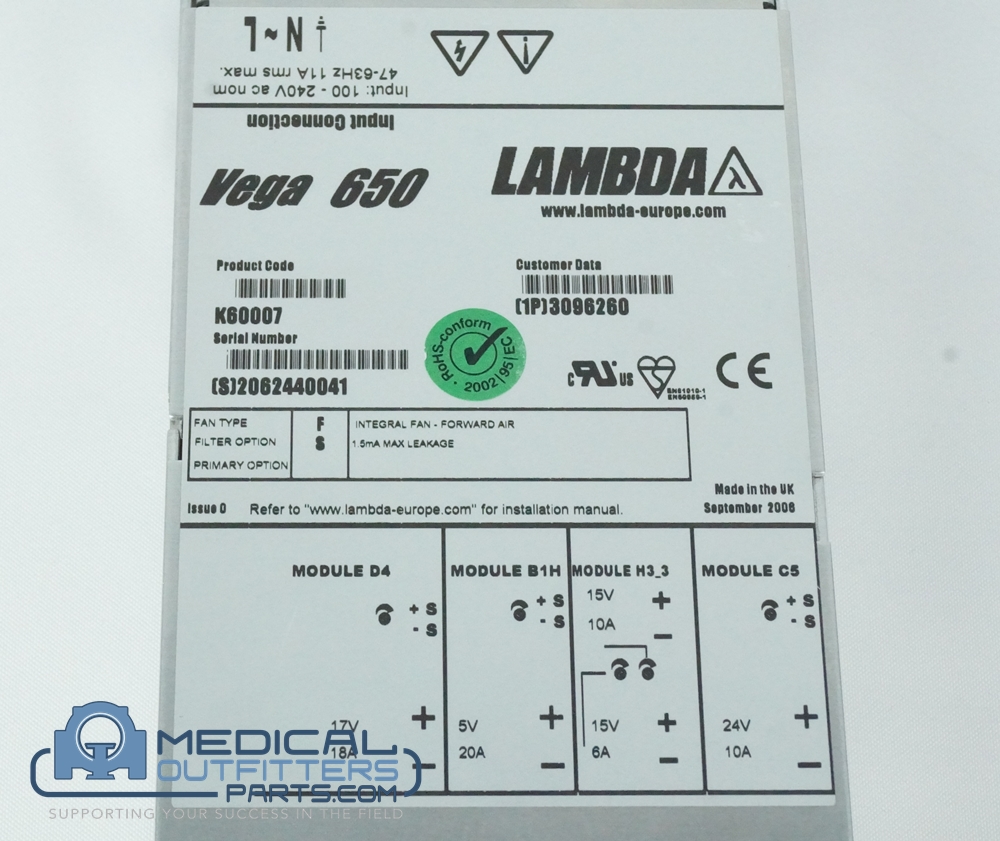 Siemens MRI Espree AC-DC Vega650 K60007 Power Supply, PN 3096260 