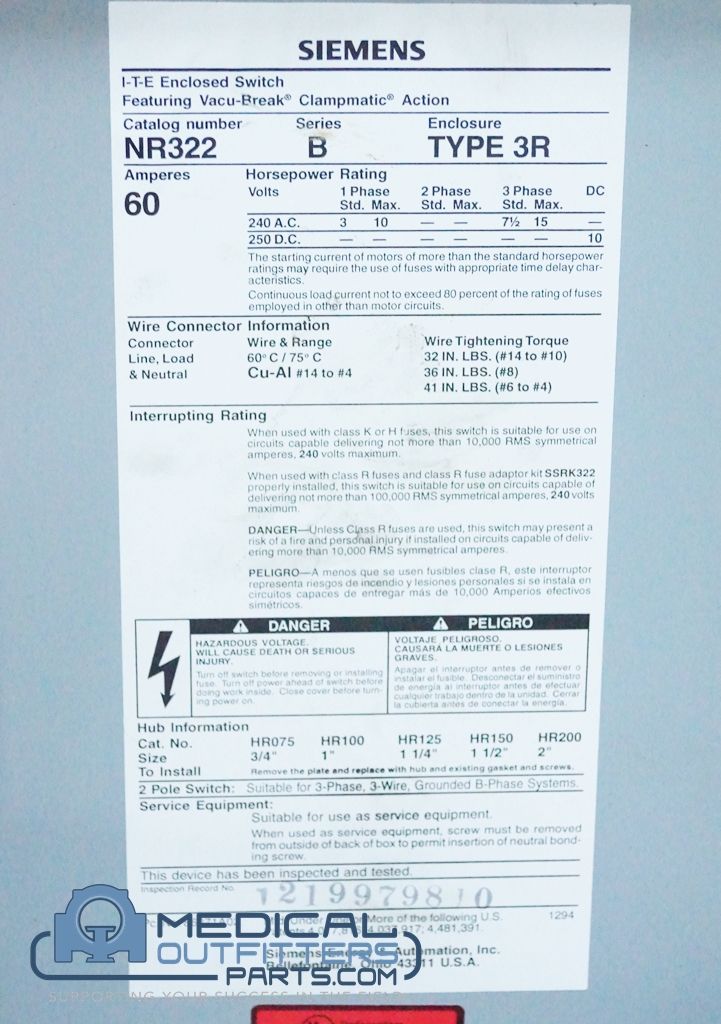 Siemens Disconnect Switch 60Amp,  2Pole, 240Vac, 3PH Fusible, PN NR322