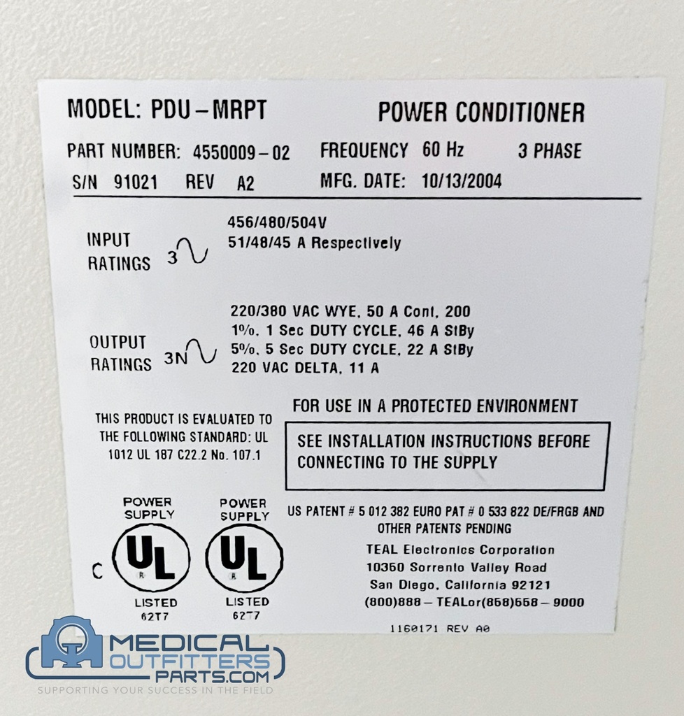 Philips MRI Teal Power Conditioner, Input:456/480/504V Output: 220/380, PN 4550009-02