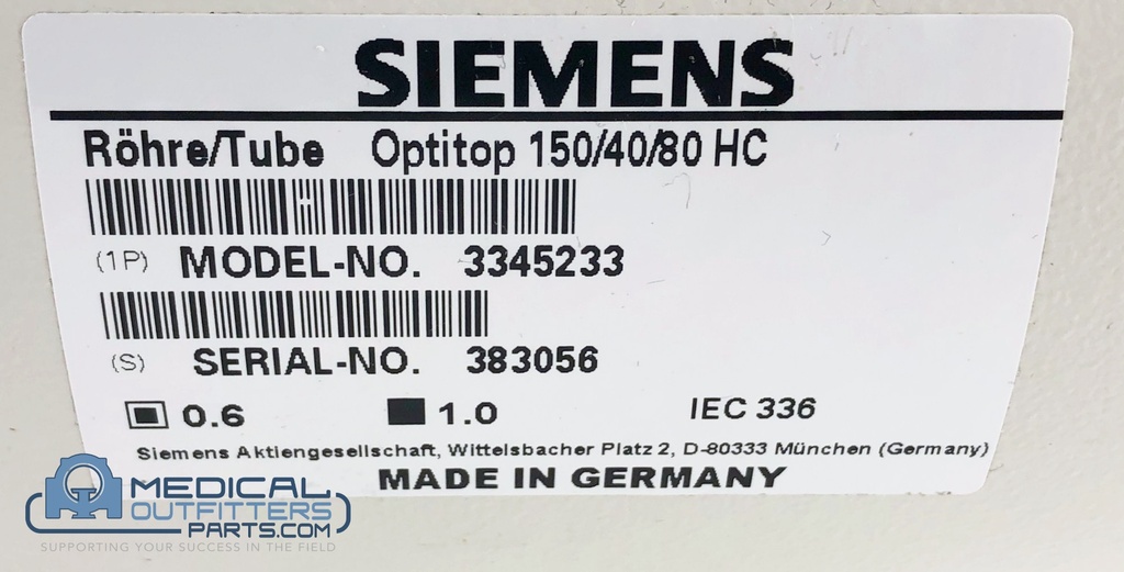 Siemens X-Ray Optitop 150/40/80HC-100, PN 3345233, 3345209