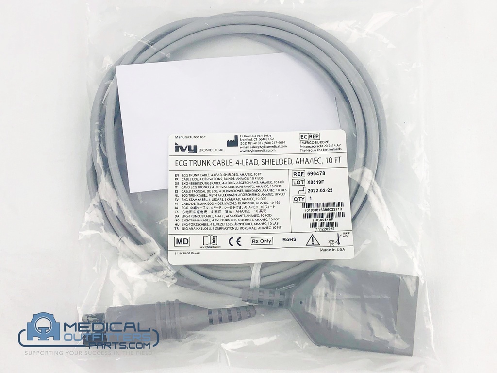 Ivy Biomedical 7000 Series ECG Patient Cable, LN, 4 LEAD, AHA, 10', PN 590478