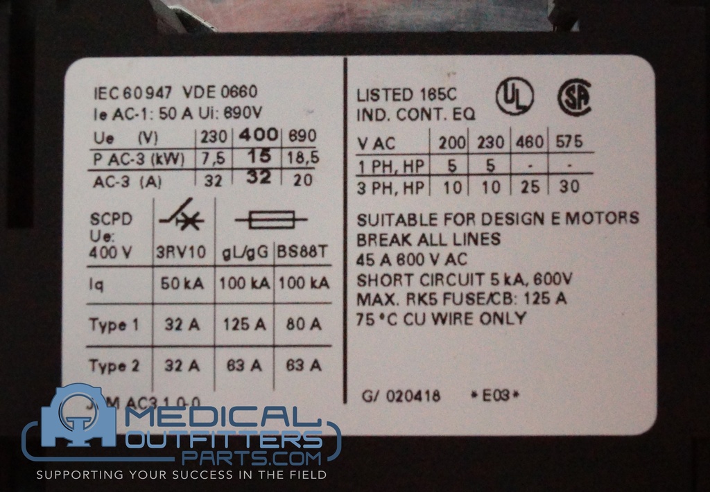 Siemens Sirius 3-Phase IEC Rated Contactor, 10 HP at 230V  and 25 HP at 460V, (include 3RH1921-1FA40 - Auxiliary Contact Block), PN 3RT1034-1B..0