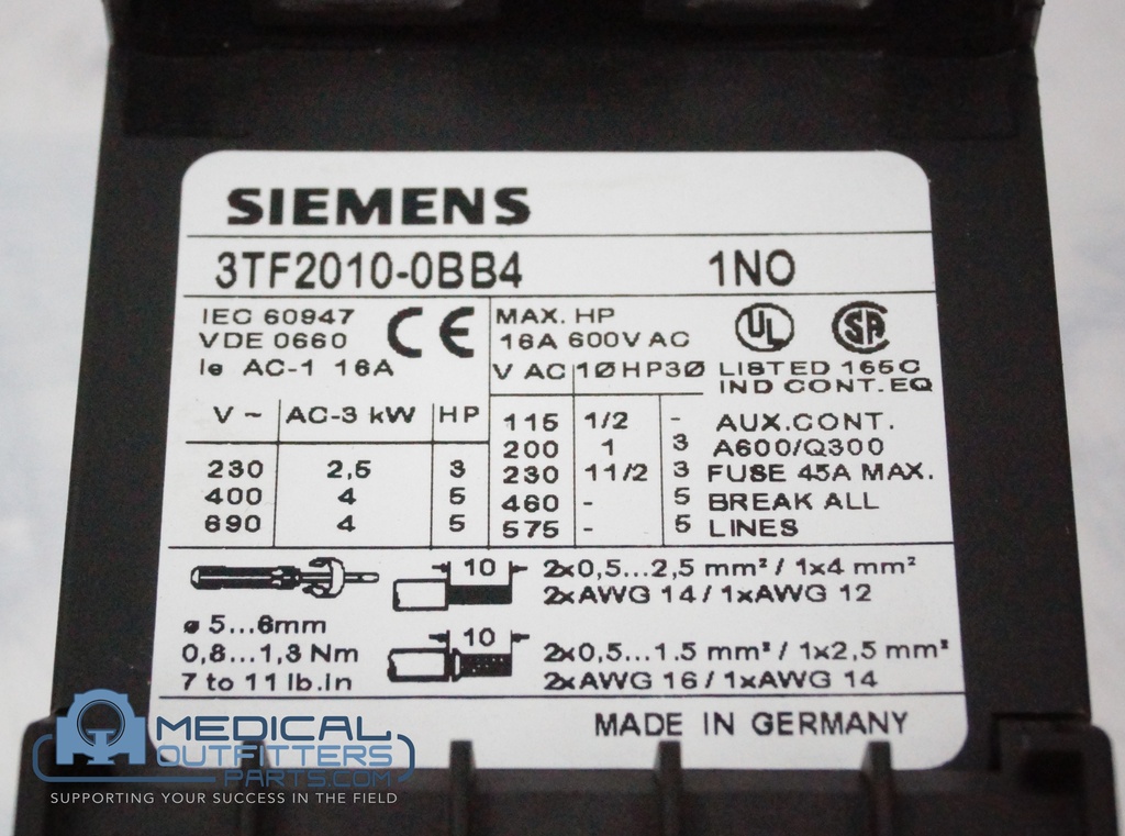 Siemens Sirius 3-Phase IEC Rated Contactor, 3 HP at 230V and 5 HP at 460V, (include 3TX4401-1A - Auxiliary Contact Block with 1 NC Contact), PN 3TF2010-0BB4