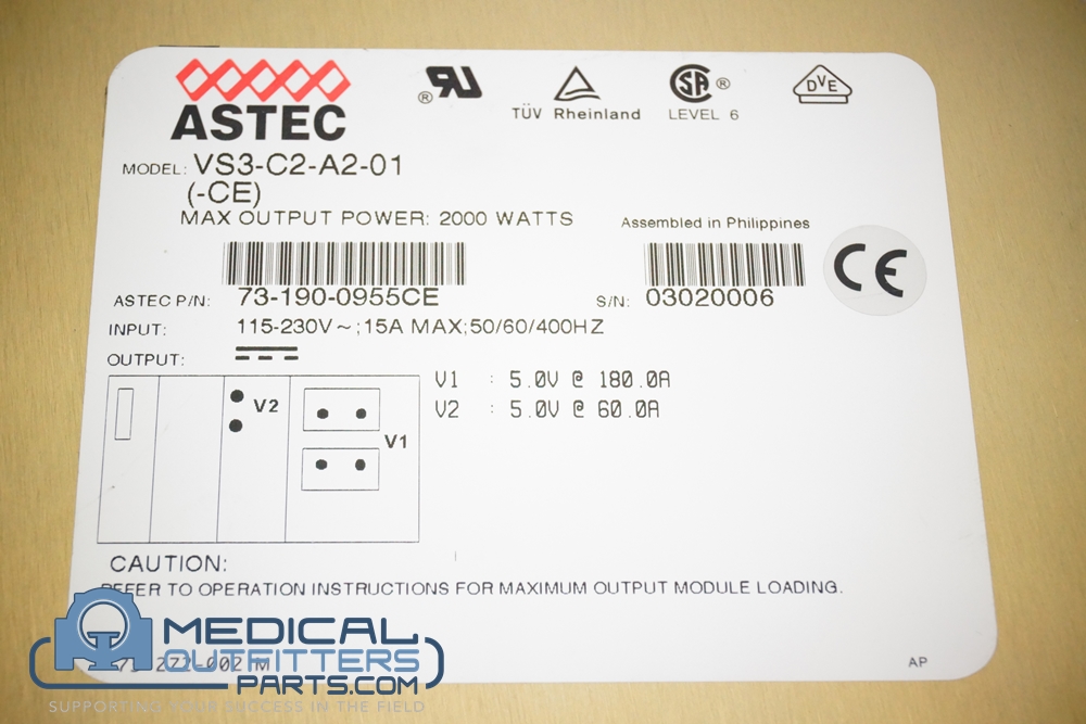 GE Xeleris 2ND NIC Astec VS Series Power Supply, 2000W, 115-230V, 15A, 50/60/400Hz, PN 2281969, 73-190-0955CE