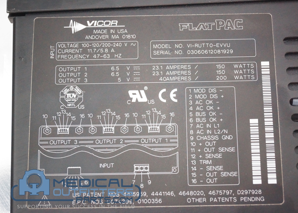 Vicor FlatPac Switching Power Supply, 100-240V, 11.7/5.8A, 47-63Hz, PN VI-RUTTO-EVVU, VIRUTTOEVVU