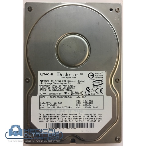 [07N9673] Hitachi HDD 40GB, 7200RPM, ATA/IDE, PN 07N9673